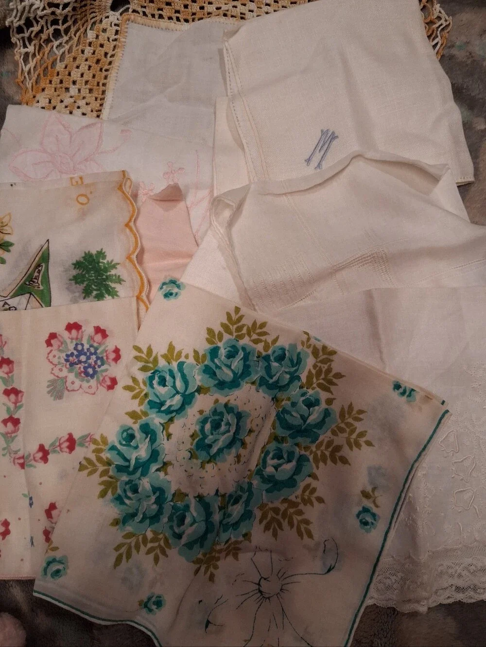 Vintage Floral Printed Handkerchiefs - Blue & Green Bouquet